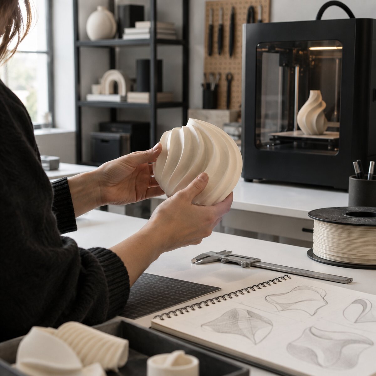 Independent maker inspecting a sculptural printed object in a small design studio