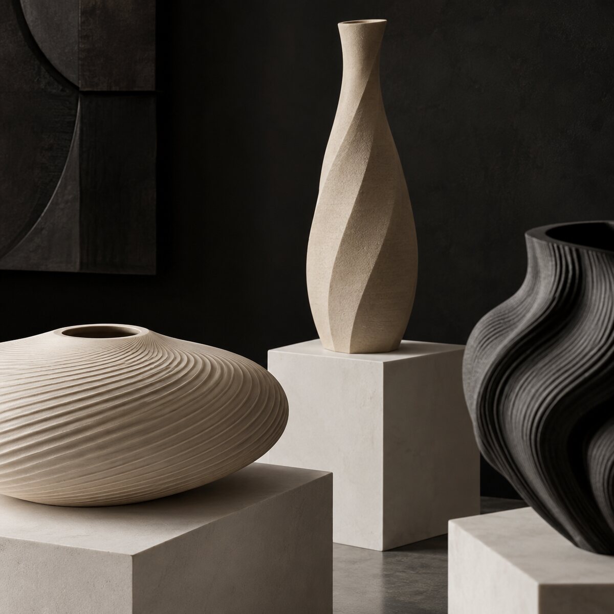 Sculptural printed objects displayed on architectural plinths in a dark gallery setting