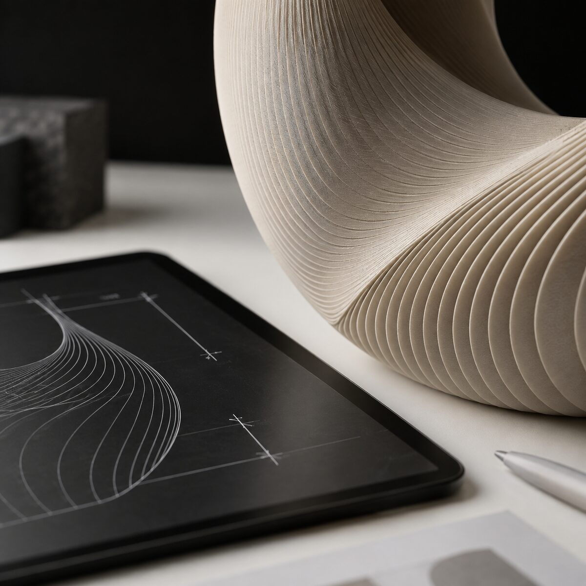 Close-up of a sculptural 3D-printed form beside a digital design study