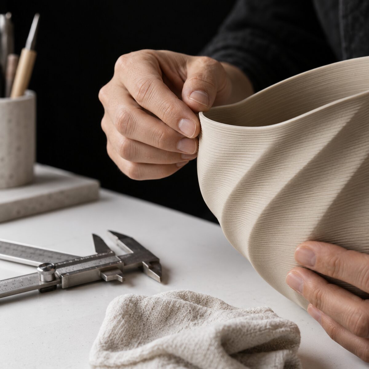 Maker carefully inspecting the rim and surface of a 3D-printed sculptural object